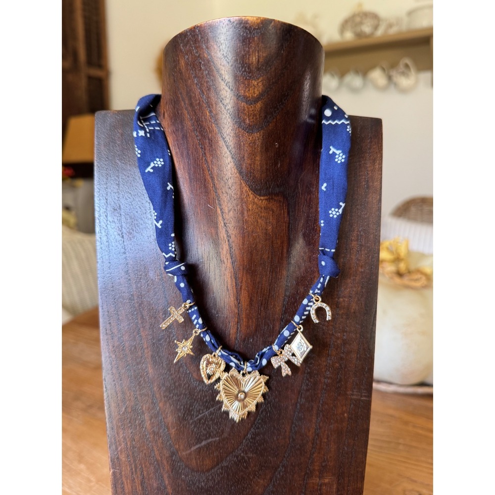 Charm Necklace Gold Charms Blue Scarf Cross Heart Star‎ Horseshoe Adjustable NWT